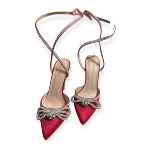 Lulus Lullie Red Satin Heels Rhinestone Ankle Strap Pointed-Toe‎ Pumps Size 6.5